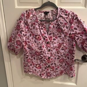 Ann taylor floral cotton blouse neck with elastic short sleeves